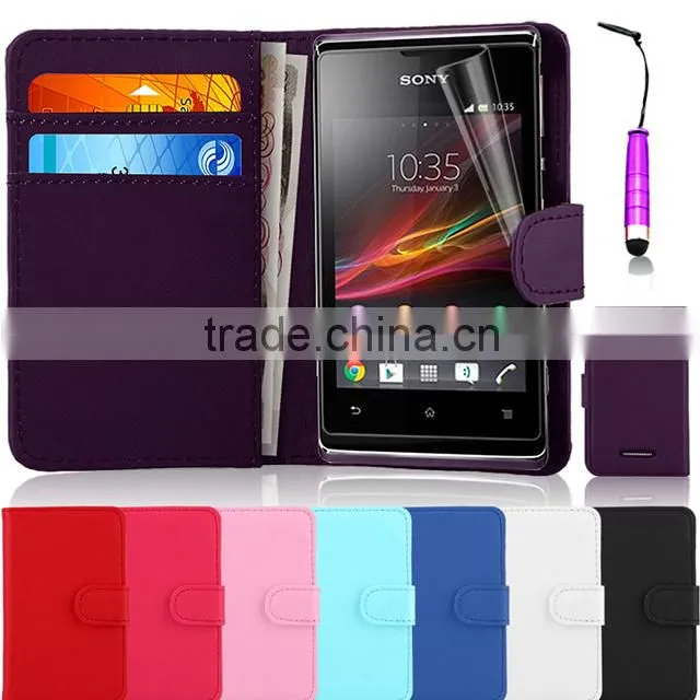 Set Screen Protector Stylus And Case For Sony Xperia E Dual C1605 , Leather Wallet White Phone Case