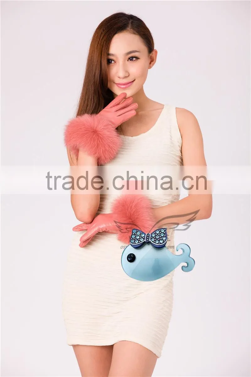 New Arrival Fashion Winter Warm Lambskin Ladies Fox Fur Leather Gloves