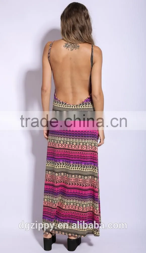 2015 spaghetti strap sexy backless evening dress / sublimation printing long maxi dress