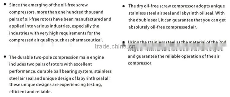 High quality Dry, oil-free screw compressor system class