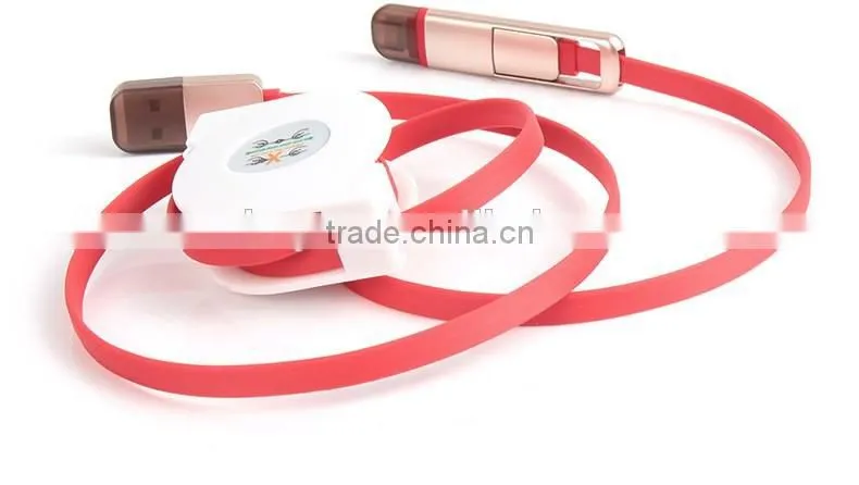2016 Popular design 2 in 1 retractable usb cable, noodle retractable usb cable for Iphone & for Samsung