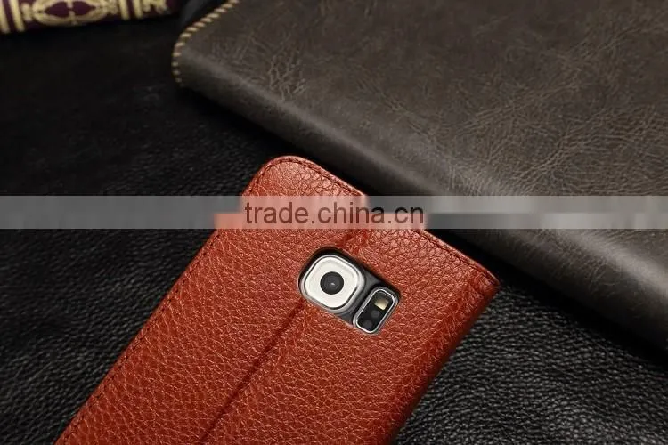 Genuine Leather Cover Window Display Stand Phone Flip Case For Samsung Galaxy S6 Edge
