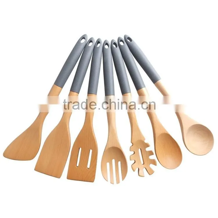 Silicone Handle beech Wood KitchenTools Set Of 7