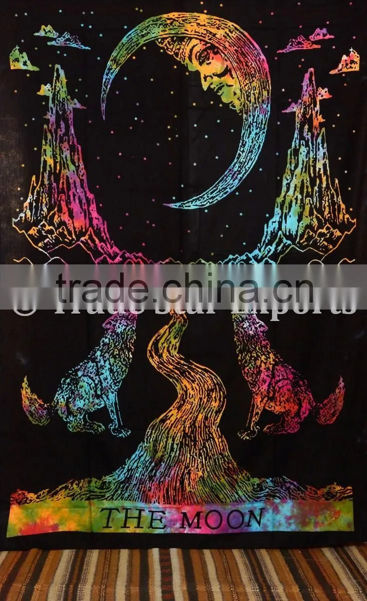 Twin Size Tie Dye Wolf Howling at Moon Wall Art Cotton Boho Wall Hanging Tapestry