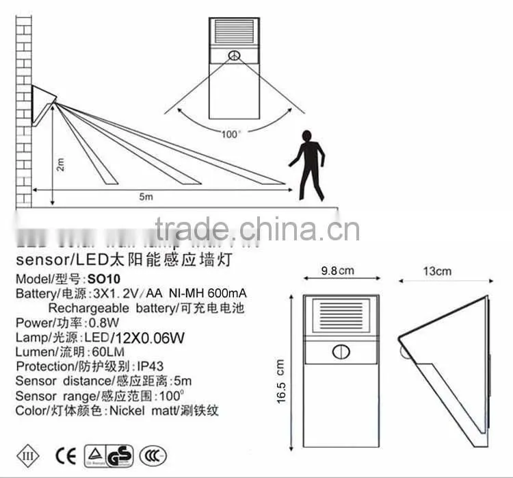 12 led triangle shell 240lm high brightness IP65 PIR sensor solar led wall light
