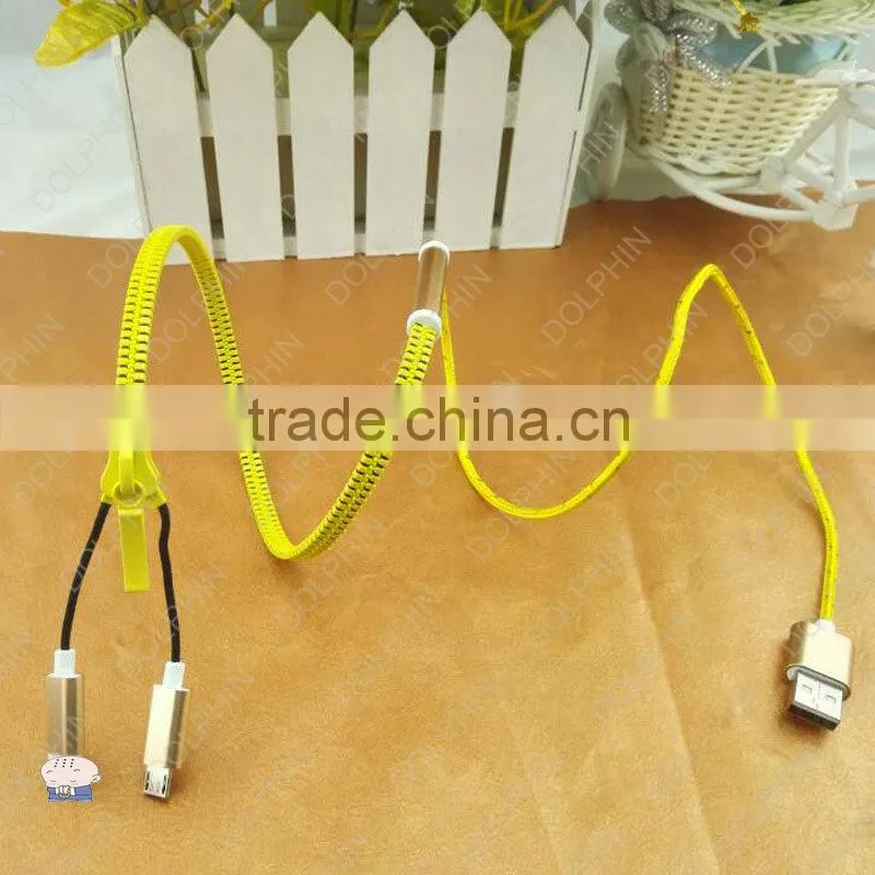 China factory wholesale 2 in 1 usb data cable fluorescent illuminated material flat zipper usb cable
