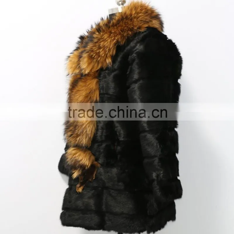 2015 rex rabbit fur coat with big racoon fur collar for women
