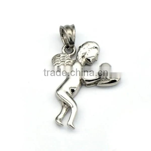 Simple Design Unisex Silver Wign Charm Jewelry Stainless Steel Angel Heart Pendant Necklace