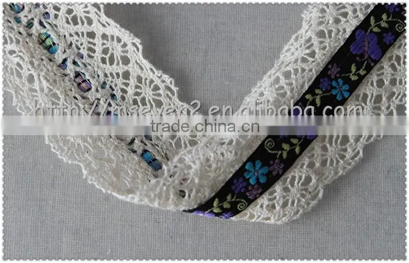 4.5cm width embroidery flower jacquard ribbon, embroidered woven fringed jacquard ribbon