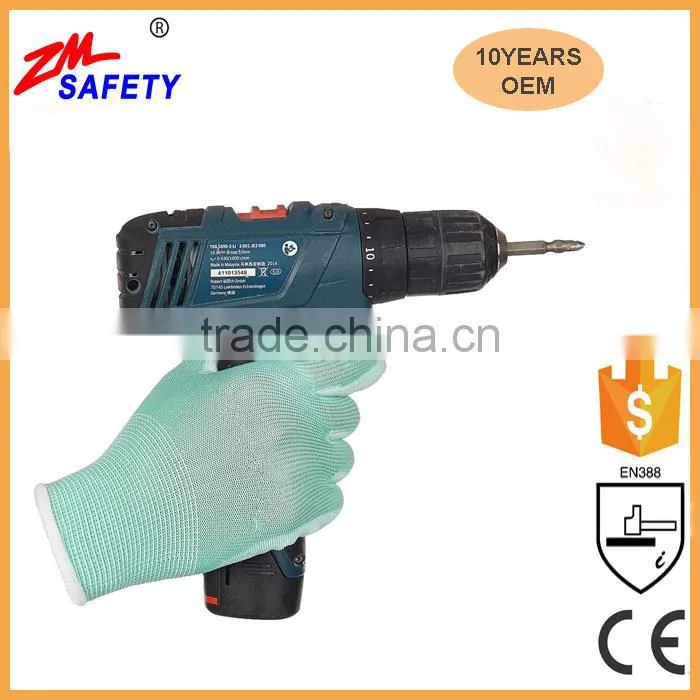 EN388 Certified Green Polyester Shell Green PU Dipped Glove for Mechanic Workplace Safety