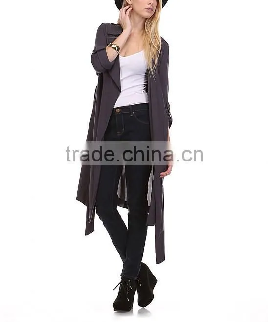 Fashion Modern Apparel Women Trendy Turkey 3/4 Sleeve Plain Spring Winter Coat Charcoal Sheer Trench Long Coat