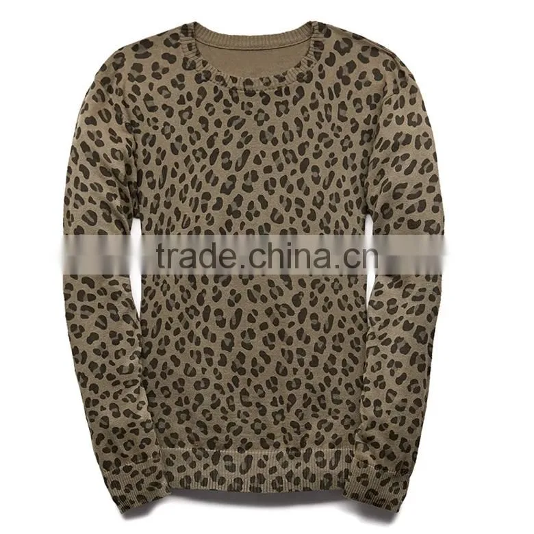 fashionable crew neck leopard pattern cotton long sleeve men pullover sweater
