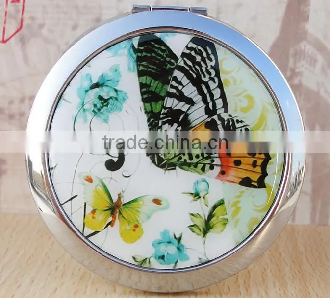 7cm Round Cosmetic Purse Compact Makeup Handbag Mirror with Butterfly