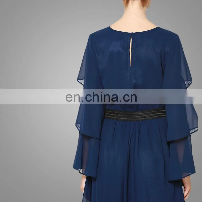 New Arrival Navy Blue Ruffled Sleeves Muslim Women Clothing Chiffon Maxi Dress