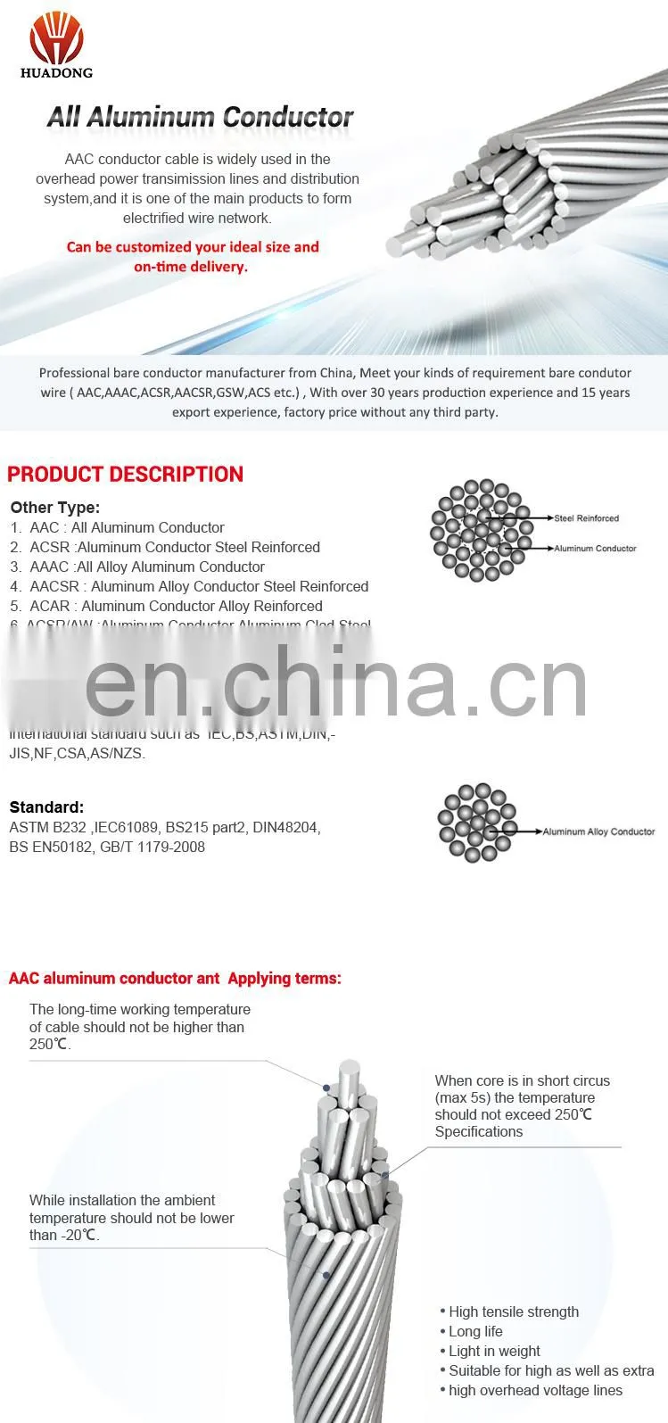 Huadong Best price bare aluminum power cable AAC wire for electric distribution