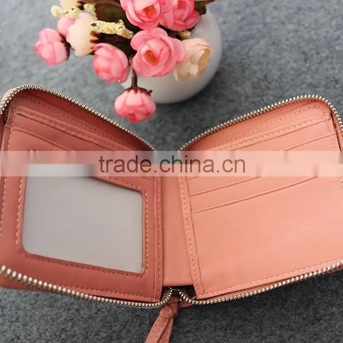 New woven sheep skin ladies leather wallet with zipper leather short wallet for women