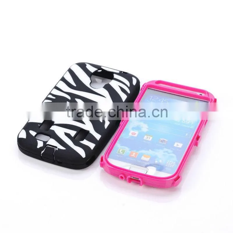 Traditional black/white Zebra stripes silicon part with hard PC combo case for Samsung Galaxy S4 I9500 with Screen Protector