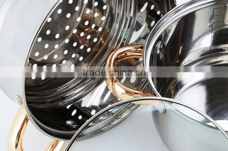18CM Classical stainless steel 2 layer steam pot with gold plating handle & knob MSF-3179