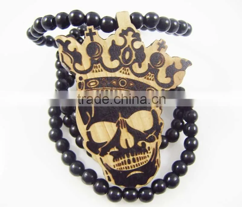 Good quality Hip-hop skull king wood Pendant Bead Chain Necklace