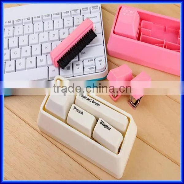 Money saving 3 in 1 multifuntional keyboard office stationery, useful brush stapler paper punch office stationery