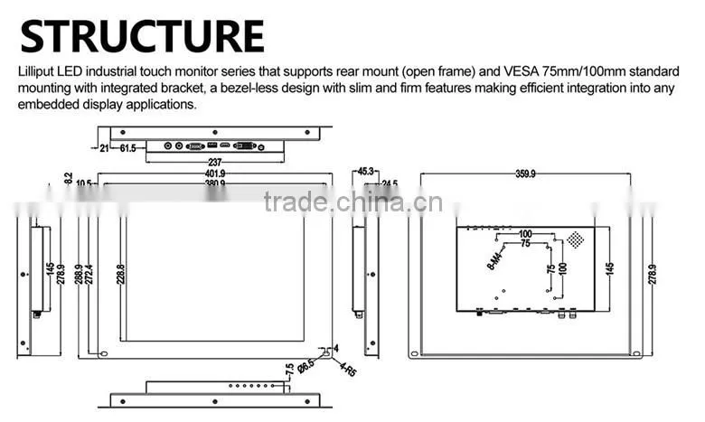 15" Screen Size Open Frame HDMI Monitor with Touchscreen VGA DVI Input