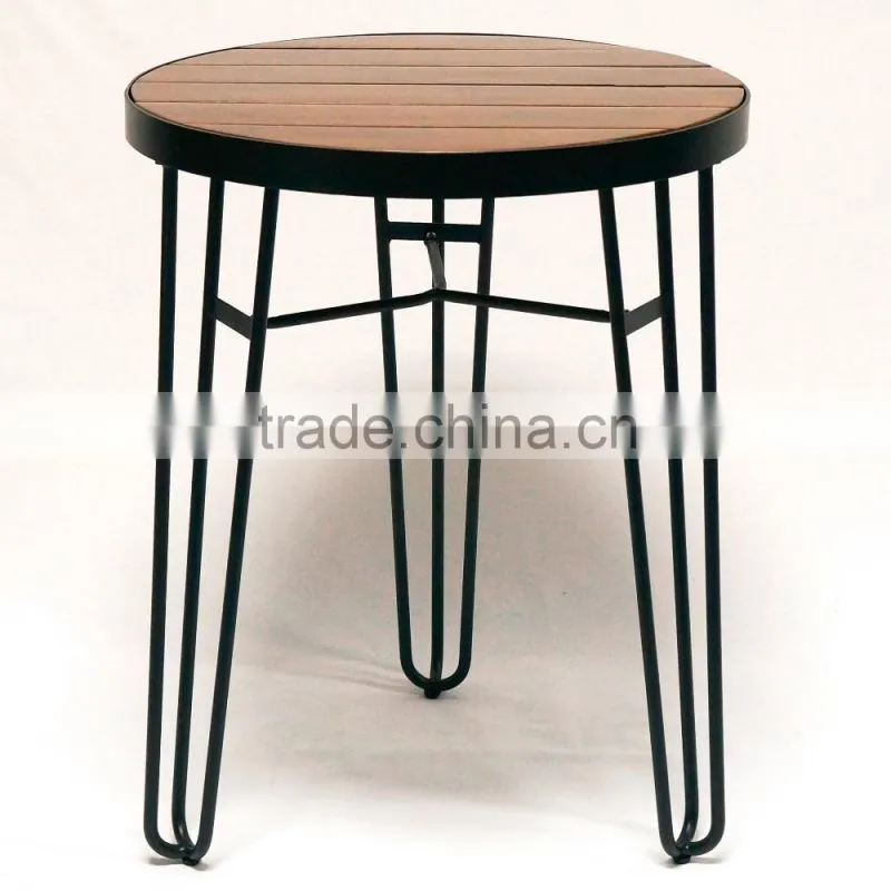Cafe /restaurant wooden round dining table, outdoor wire base wooden top table
