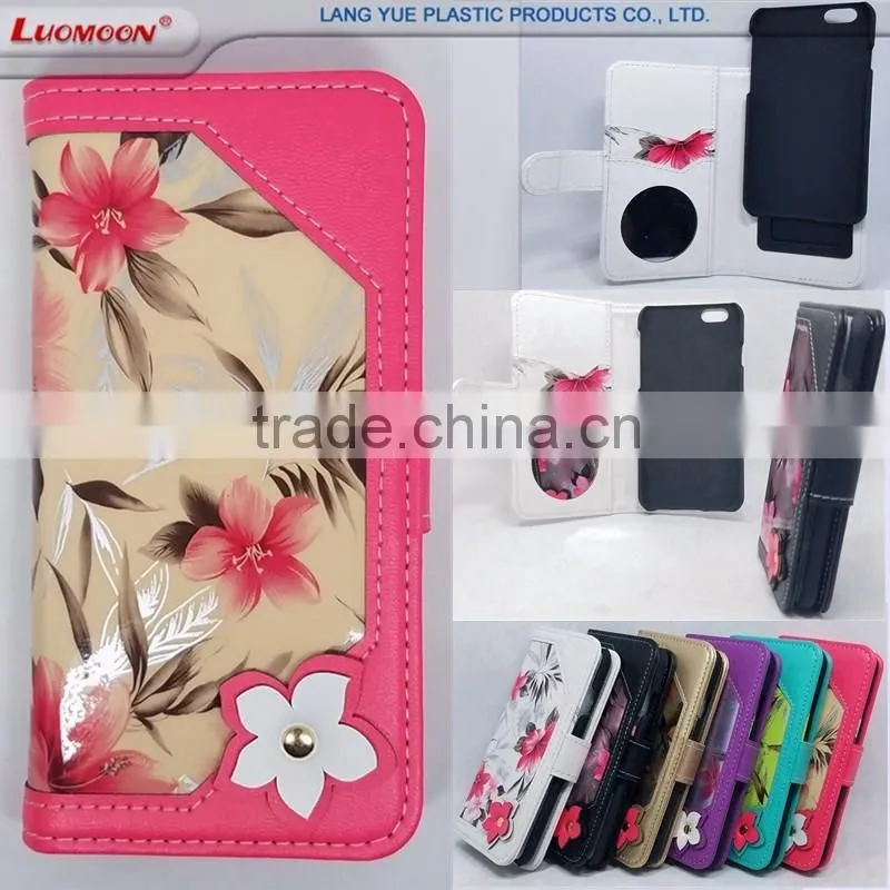 Flower PU Leather Mirror Slider + Universal PC Cover Wallet Phone Case for 4.7inch iPhone 6 6s 7