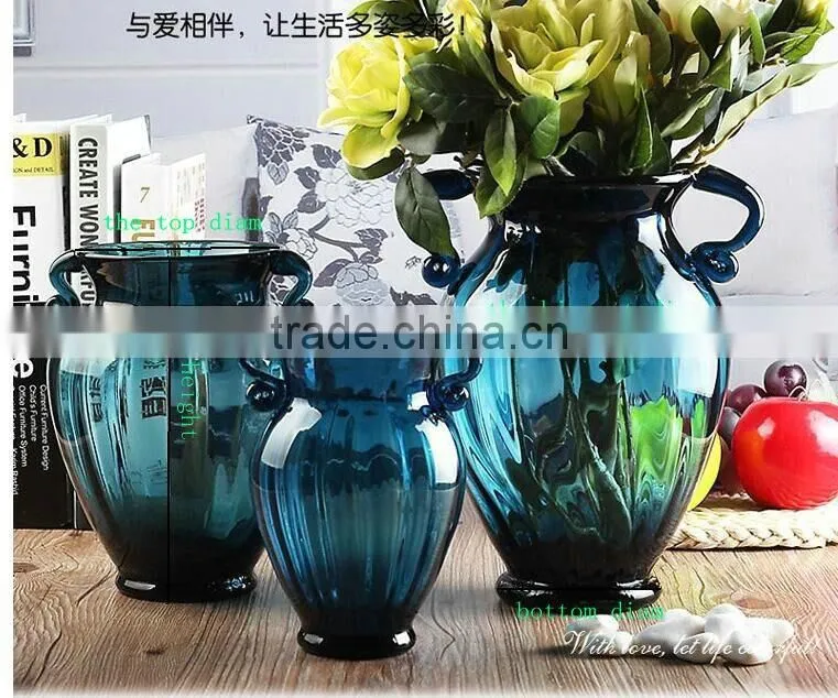 Home decoration european antique amphora blue glass vases for flower arrangements