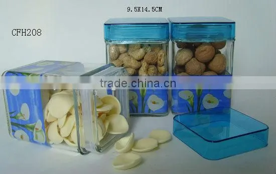 square blue plastic lid glass cookie jar