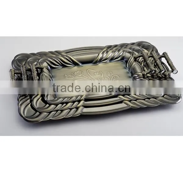 3PCS Metal Handle Bronze Color Stalinless Steel Serving Tray