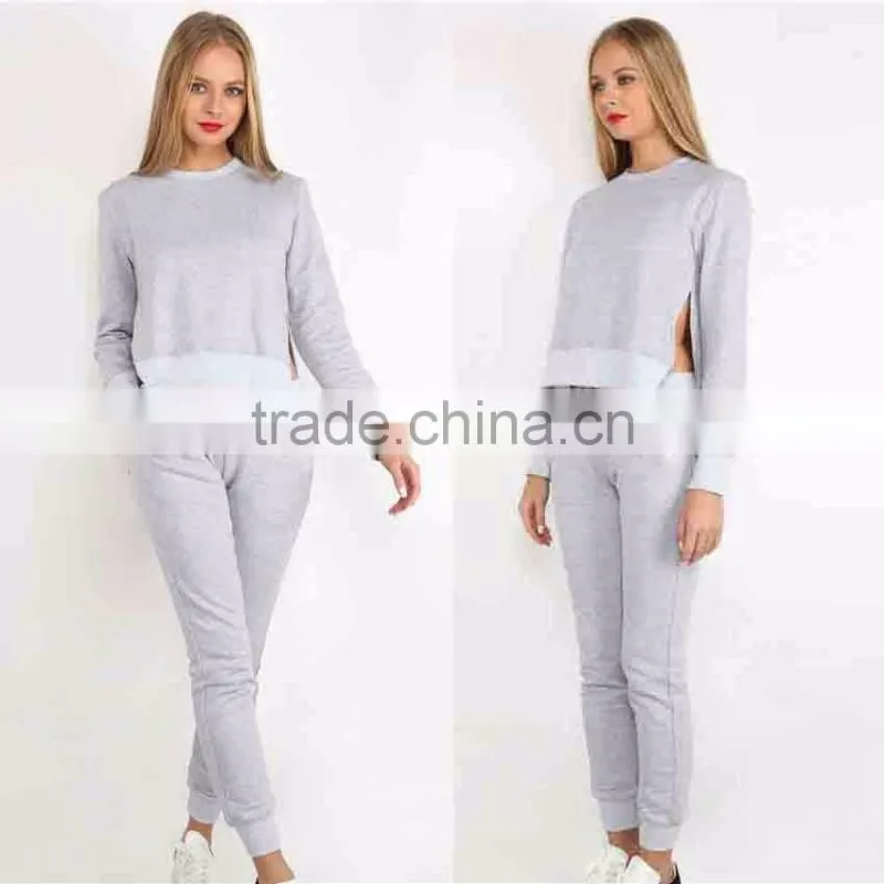 Men Sweatsuit Autumn Made O-neck Irregular Grey Women Custom Tracksuits Set Both side Slit Sweatsuit Set for Autumn
