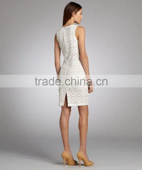 Ivory And Nude Lace Cotton Blend Sleeveless Dress,designer clothing manufacturer in China