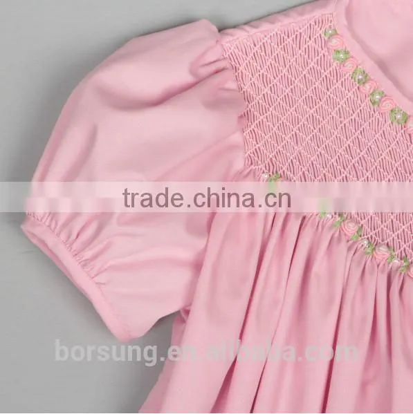 Baby Cotton Frocks Designs Pink Puff Sleeve Fashion Girls Summer Smocked Dress