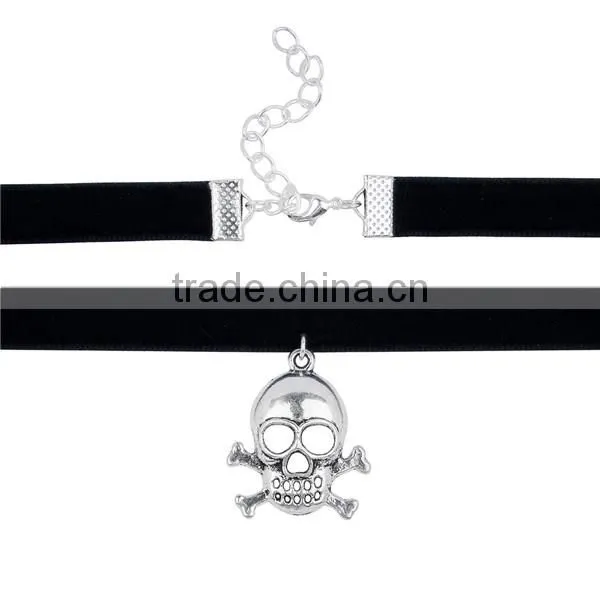Custom Antique Silver Black Skull Velveteen Halloween Choker Necklace