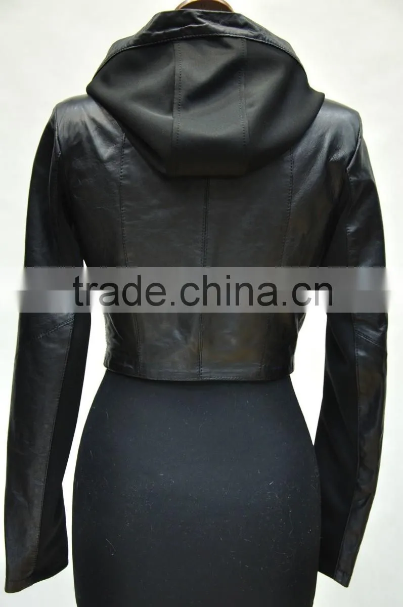 lady hooded lamb nappa leather jacket oblique zipper
