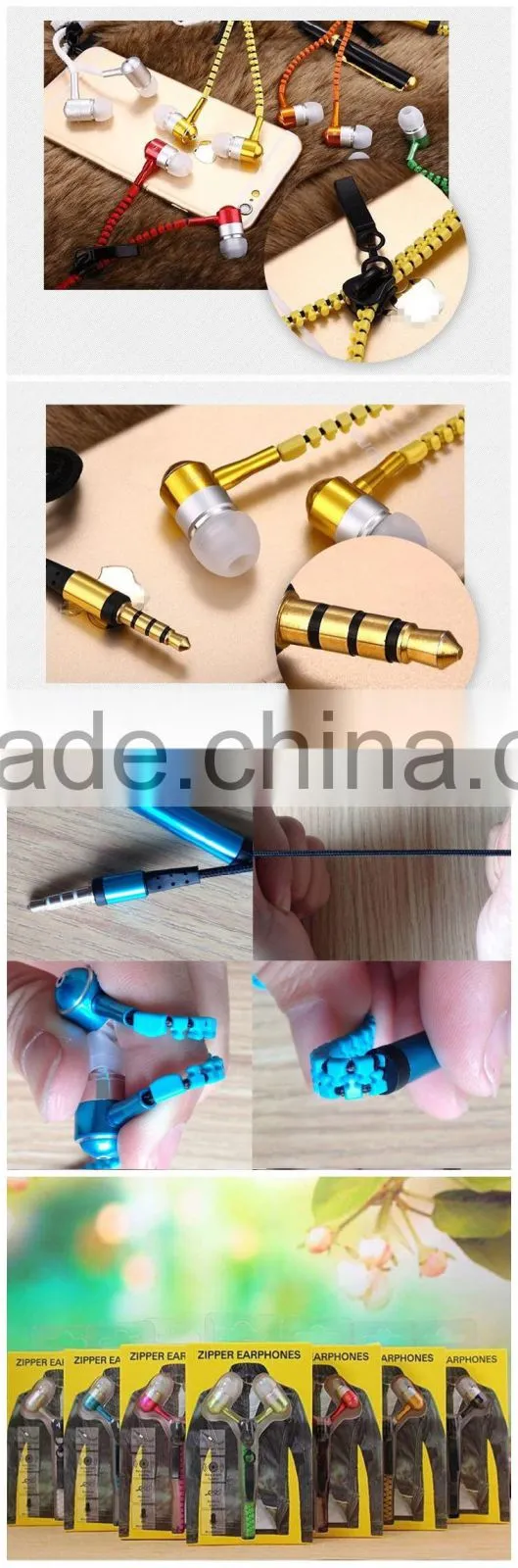 hot sale good quality zipper earphone for mobile phone, wired earphone headphone with volume control, with mic