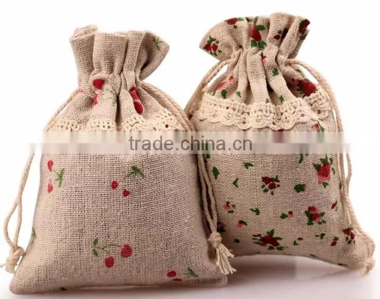 Welcome customized print logo linen fibric gift jewelry bag,small giveaway drawstring bear linen present bag