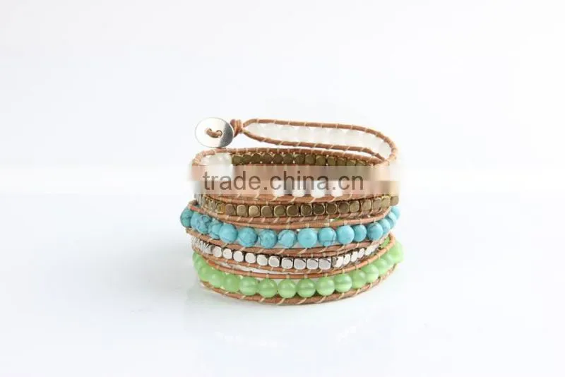 Top Quality 6mm Natural Turquoise Agate Beads Jewelry Leather 5 Wrap Bracelet Weaving Charms Bracelets For Women