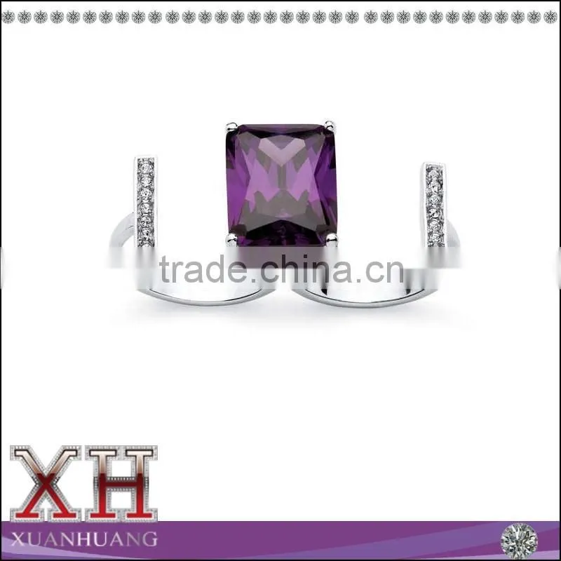 Silvertone Emerald-cut Amethyst Cubic Zirconia and Crystal Double Ring