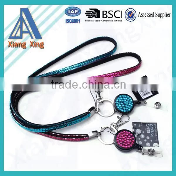 Double line clear rhinestone cute yoyo badge reel lanyard for keys