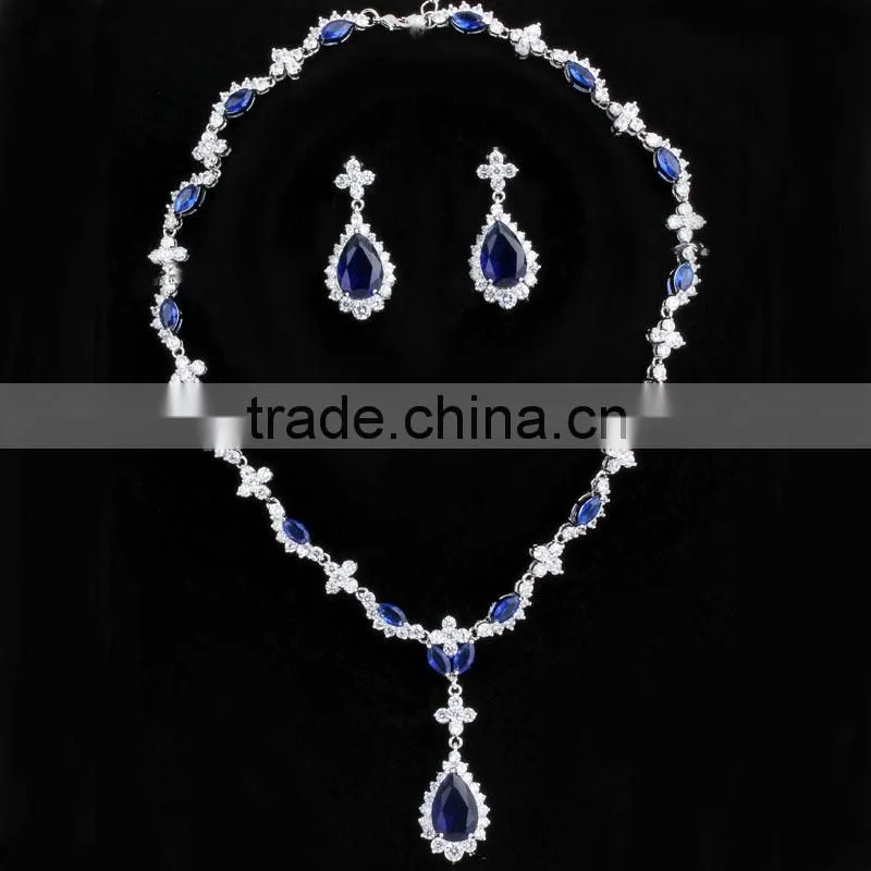 Top Design CZ Jewelry Blue Sapphire Necklace Sets 2015 Wholesale Wedding Bride Jewelry