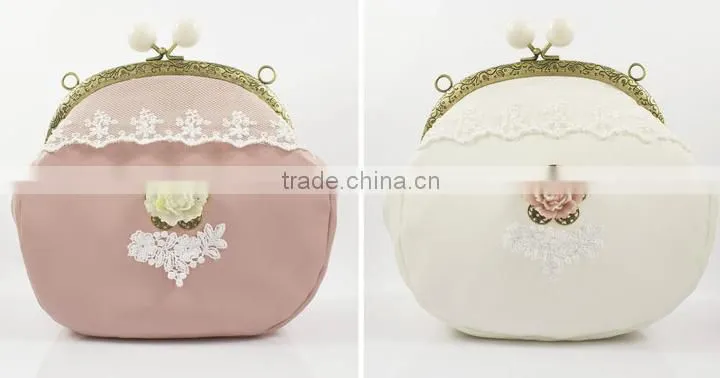 Mini metal openning bag lace decoration pink leather promotional bag