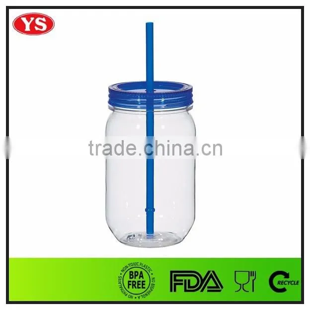 540ml food grade single wall plastic drinking jar with lid and straw