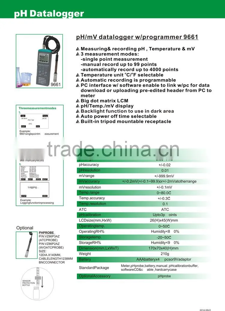 Handheld Measuring & recording pH Temperature & mV Digital Multiple Function PH ORP Data Logger AZ9661