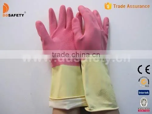 DDSAFETY Hot Sale Pink Latex Household Gloves Double Color Flock Liner Or Unlined Gloves