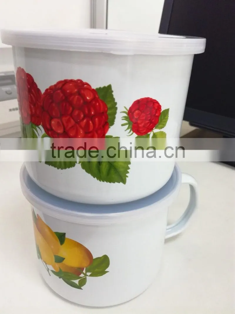 12/14cm printing enamel cup mug with plastic pp lid cover