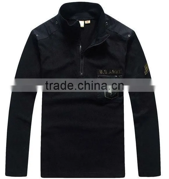 Men's 65% polyester 35% cotton with logo patch zipper collar and pocket military polar fleece jacket