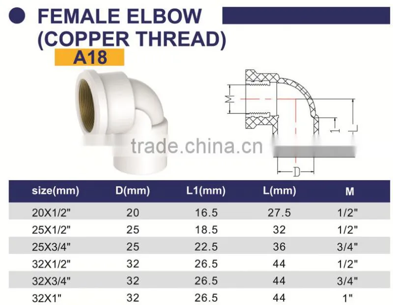 HIGH QUANLITY FEMALE ELBOW COPPER THREAD OF PVC GB STANDARD PIPES & FITTINGS FOR WATER SUPPLY