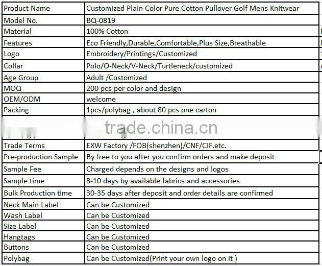 Customized Plain Color Pure Cotton Pullover Golf Mens Knitwear