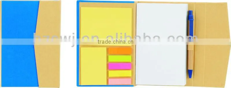 Kraft cover recycled notebook with sticky notes&flags with pinchcock 70grams 40sheets 19.5*11cm